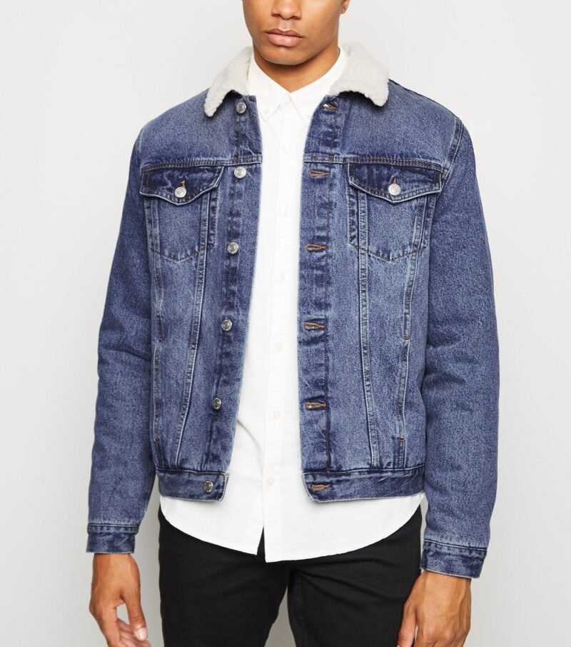 Men's Blue Mid Wash Borg Lined Denim Jacket - Image 4