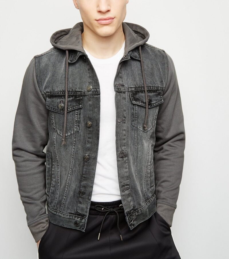 Men's Dark Grey Jersey Sleeve Denim Jacket - Image 4