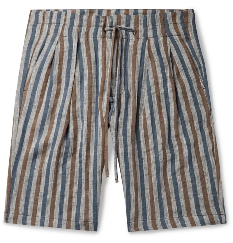 Men's Pleated Striped Linen Drawstring Shorts