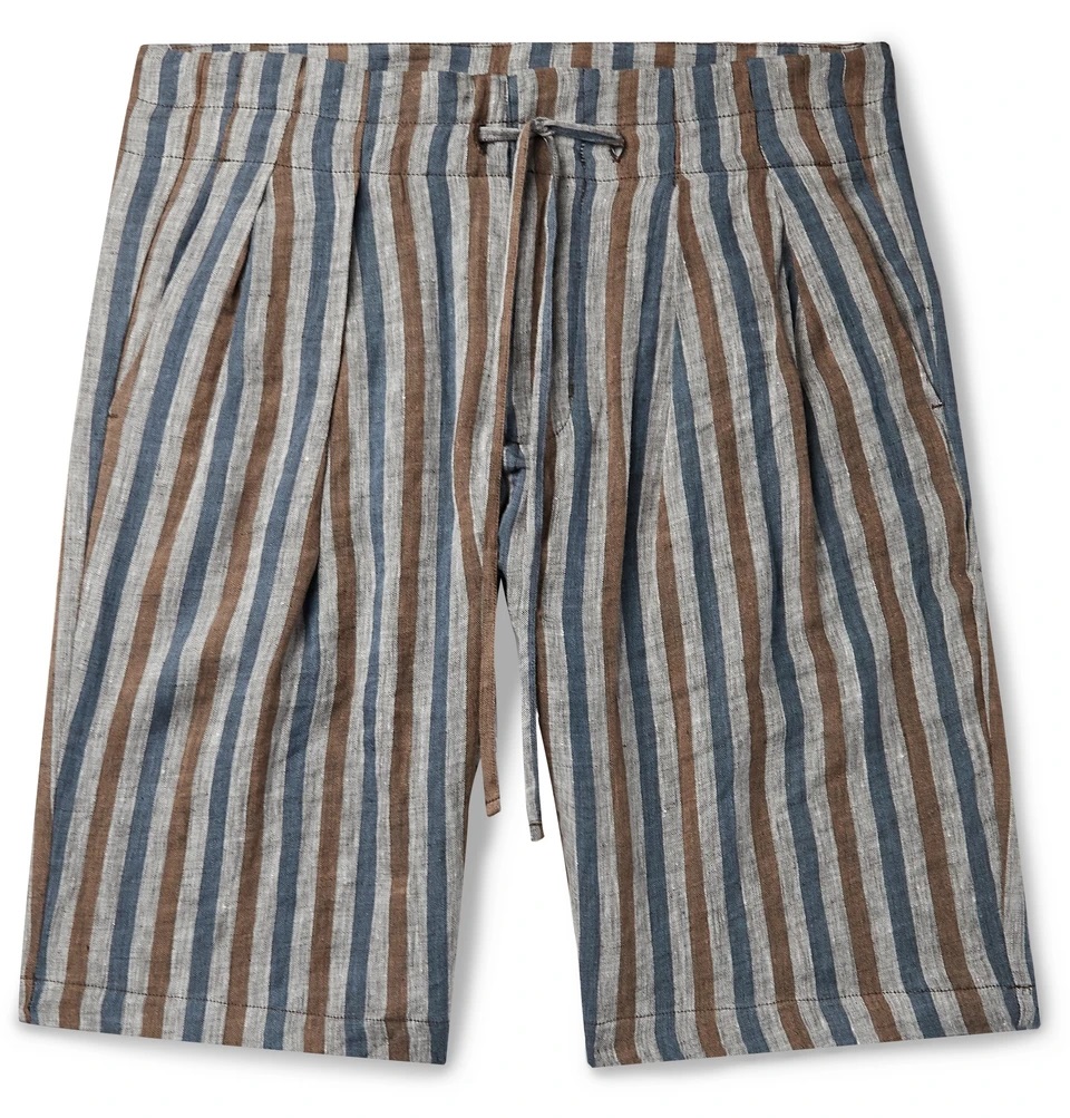 Mens Pleated Striped Linen Drawstring Shorts Aa Sourcing Ltd