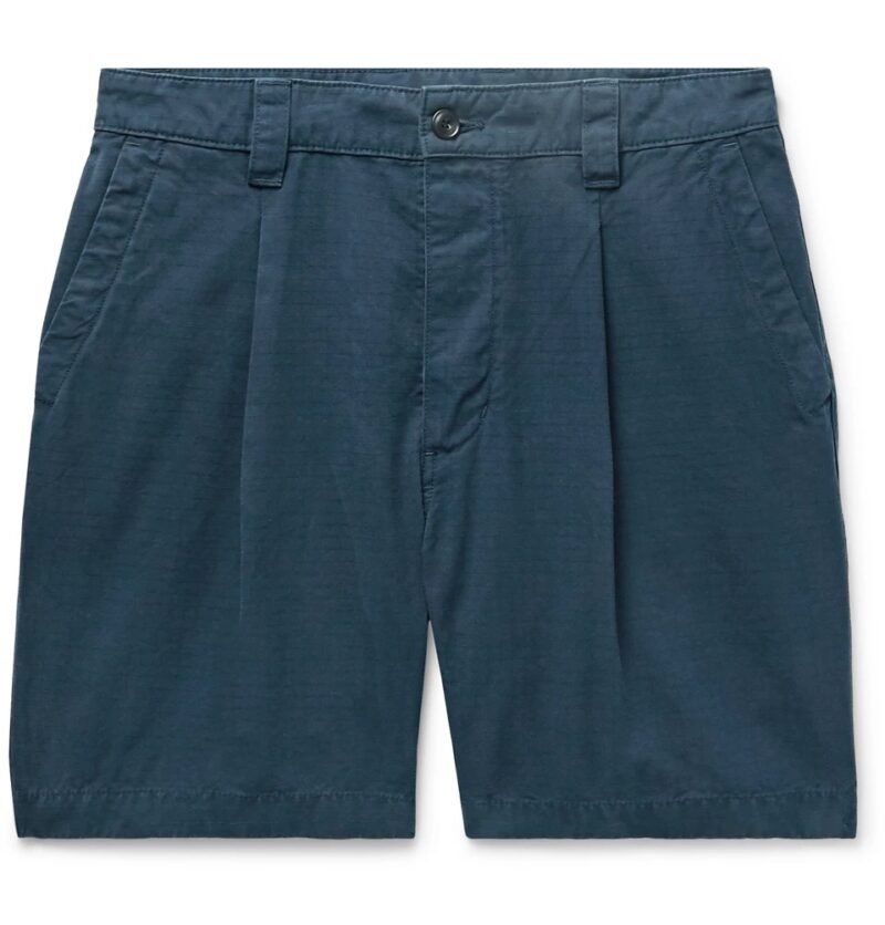 Men's Slim-Fit Garment-Dyed Pleated Cotton-Rip stop Shorts