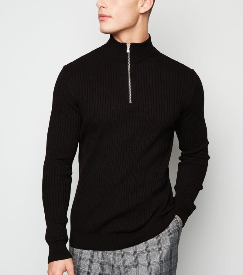 Men's Black Ribbed Muscle Fit Half Zip Jumper - Image 4