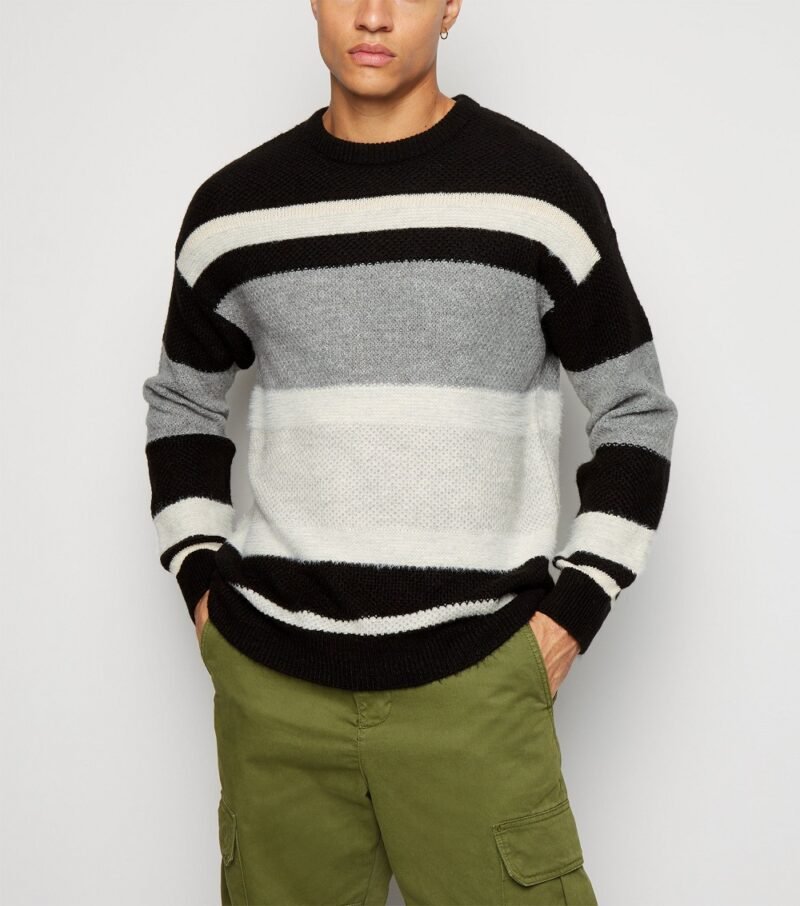 Men's Black Stripe Fluffy Knit Jumper - Image 3