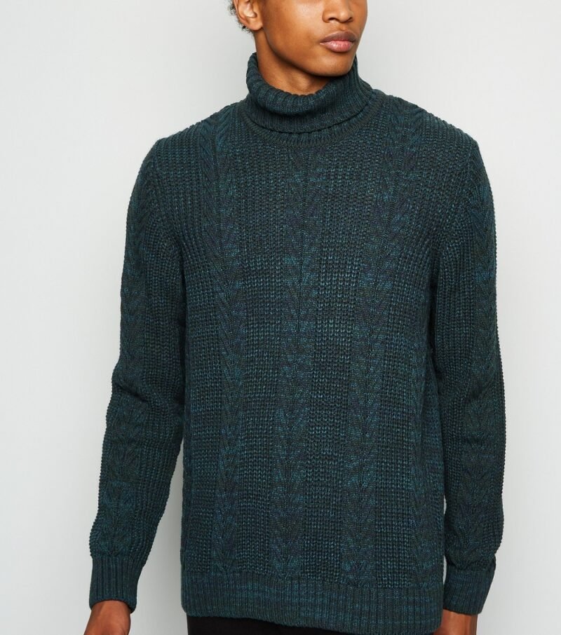 Men's Dark Green Cable Knit Roll Neck Jumper - Image 3