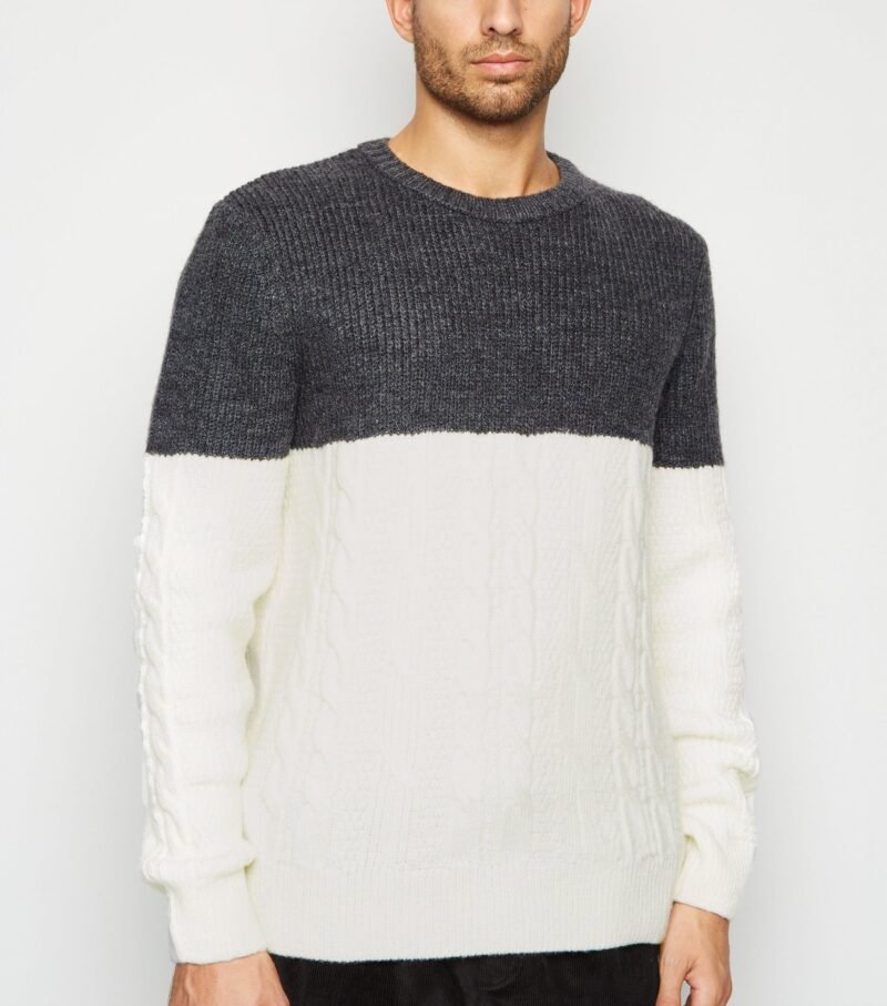 Men's Grey Color Block Cable Knit Jumper - Image 3