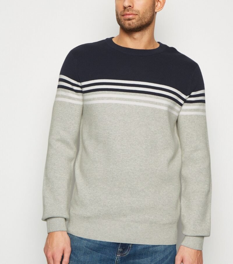 Men's Navy Stripe Color Block Crew Jumper - Image 3