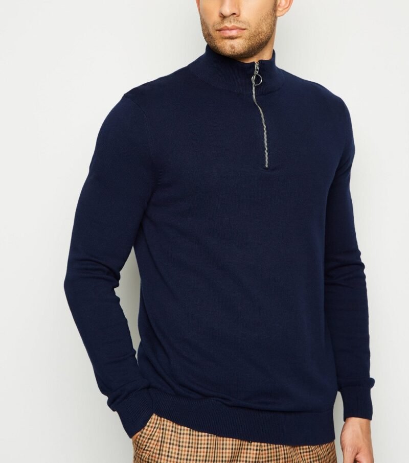 Men's Navy Zip Neck Jumper - Image 3