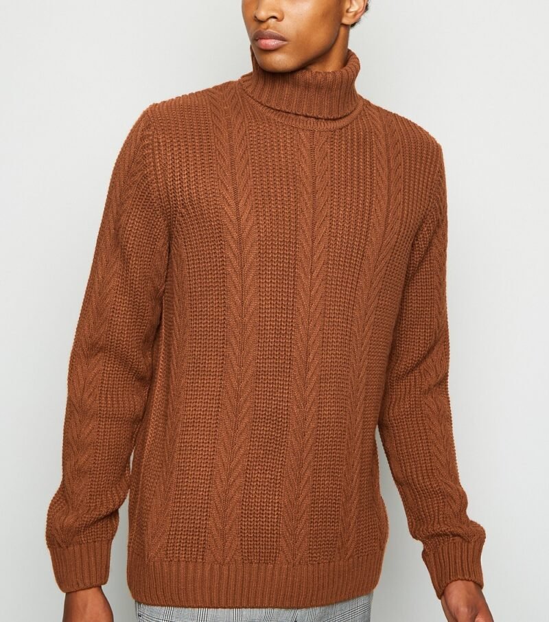 Men's Orange Cable Knit Roll Neck Jumper - Image 3