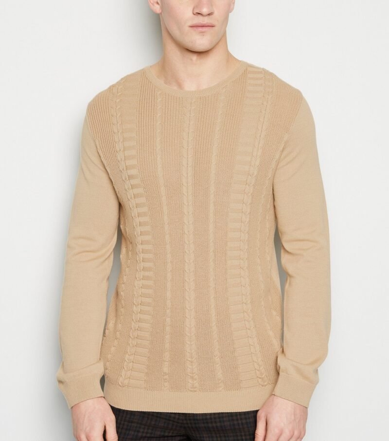 Men's Stone Cable Knit Muscle Fit Jumper - Image 3