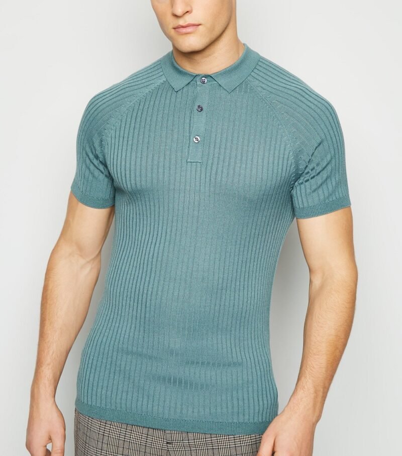 Men's Teal Knit Muscle Fit Polo Shirt - Image 3