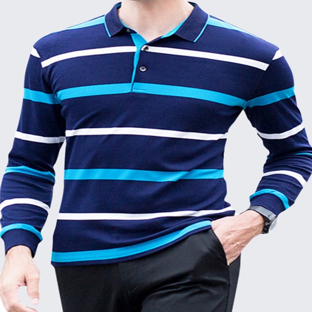 100% Cotton Striped Knitted Long Sleeve Golf Shirt - AA Sourcing LTD