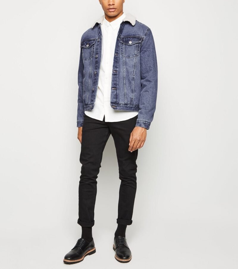 Men's Blue Mid Wash Borg Lined Denim Jacket - Image 5