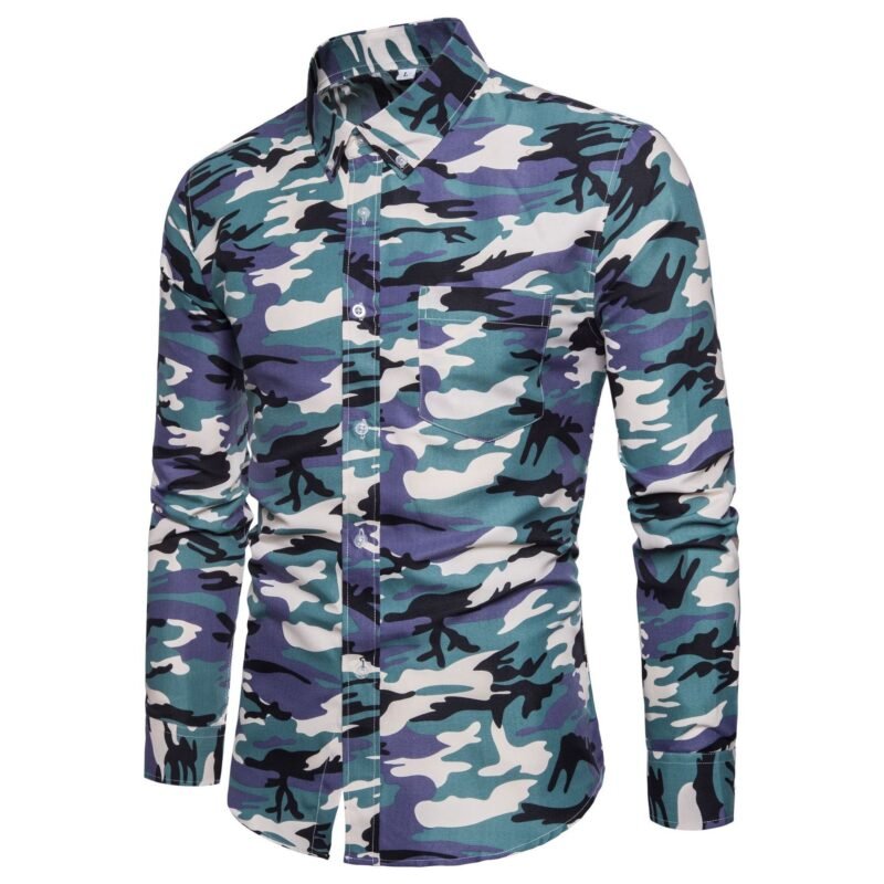 Men's Camo Printed Long Sleeve Turn Down Collar Casual Shirts - Image 2