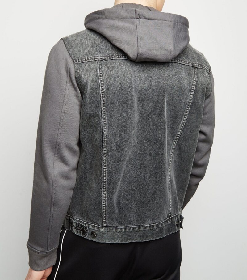 Men's Dark Grey Jersey Sleeve Denim Jacket - Image 2