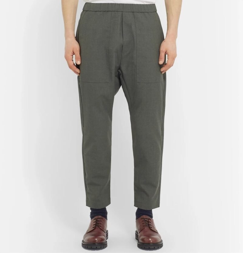 Men's Grey-Green Tapered Cropped Woven Trousers - Image 3