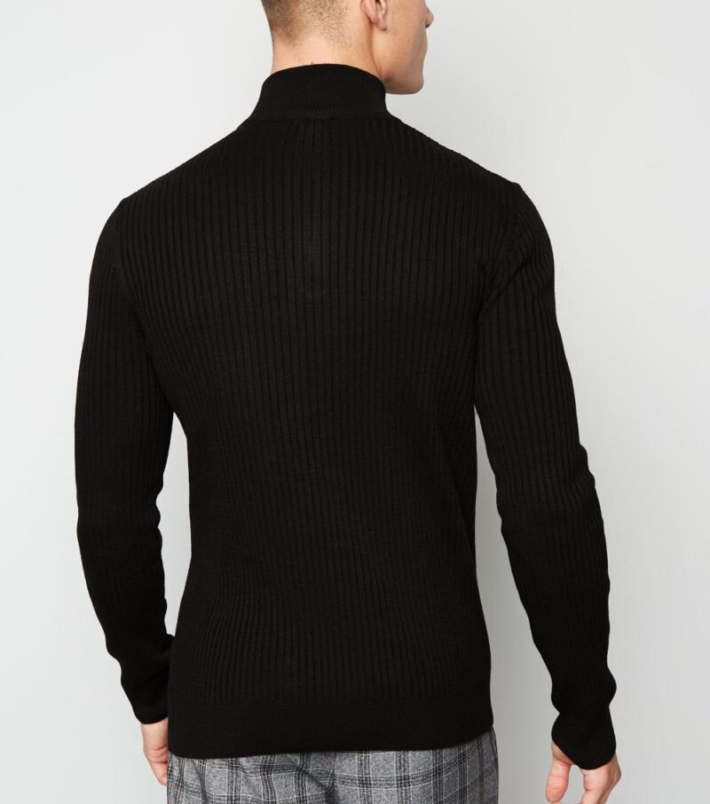 Men's Black Ribbed Muscle Fit Half Zip Jumper - Image 2