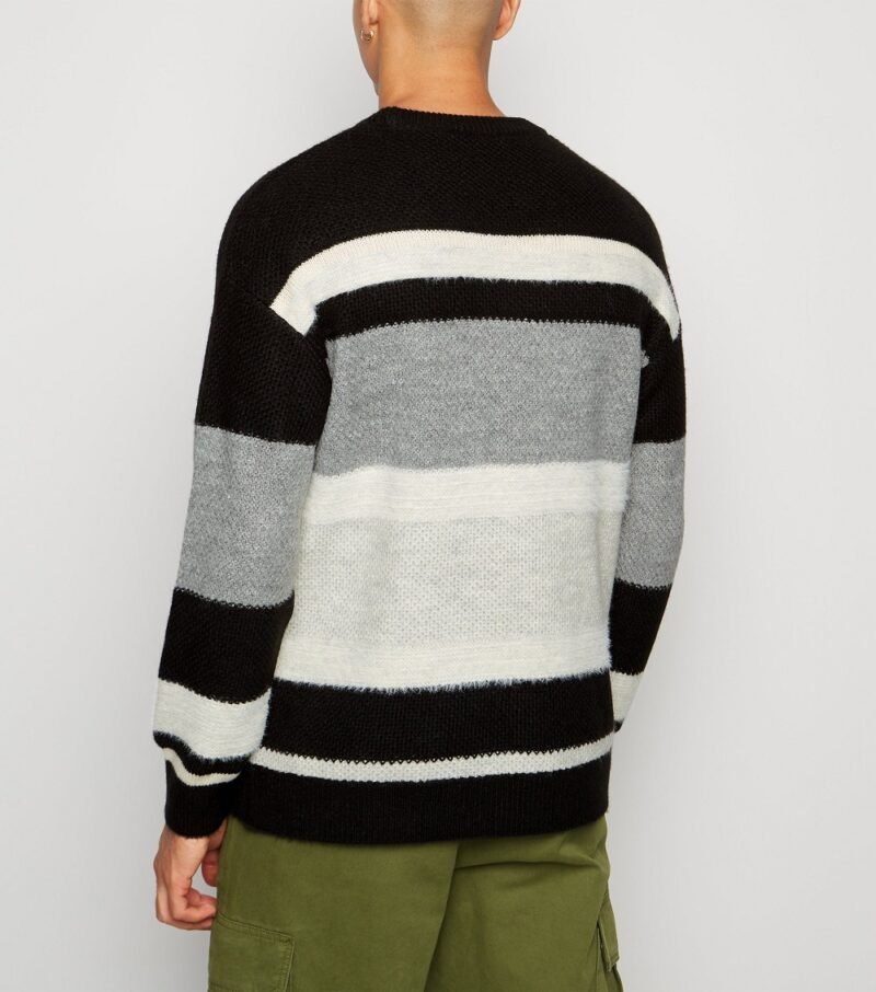 Men's Black Stripe Fluffy Knit Jumper - Image 2