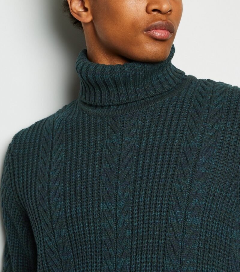 Men's Dark Green Cable Knit Roll Neck Jumper - Image 4