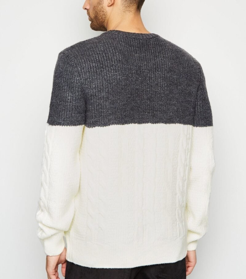 Men's Grey Color Block Cable Knit Jumper - Image 2