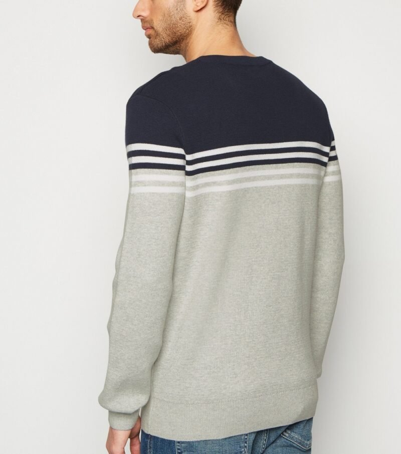 Men's Navy Stripe Color Block Crew Jumper - Image 2