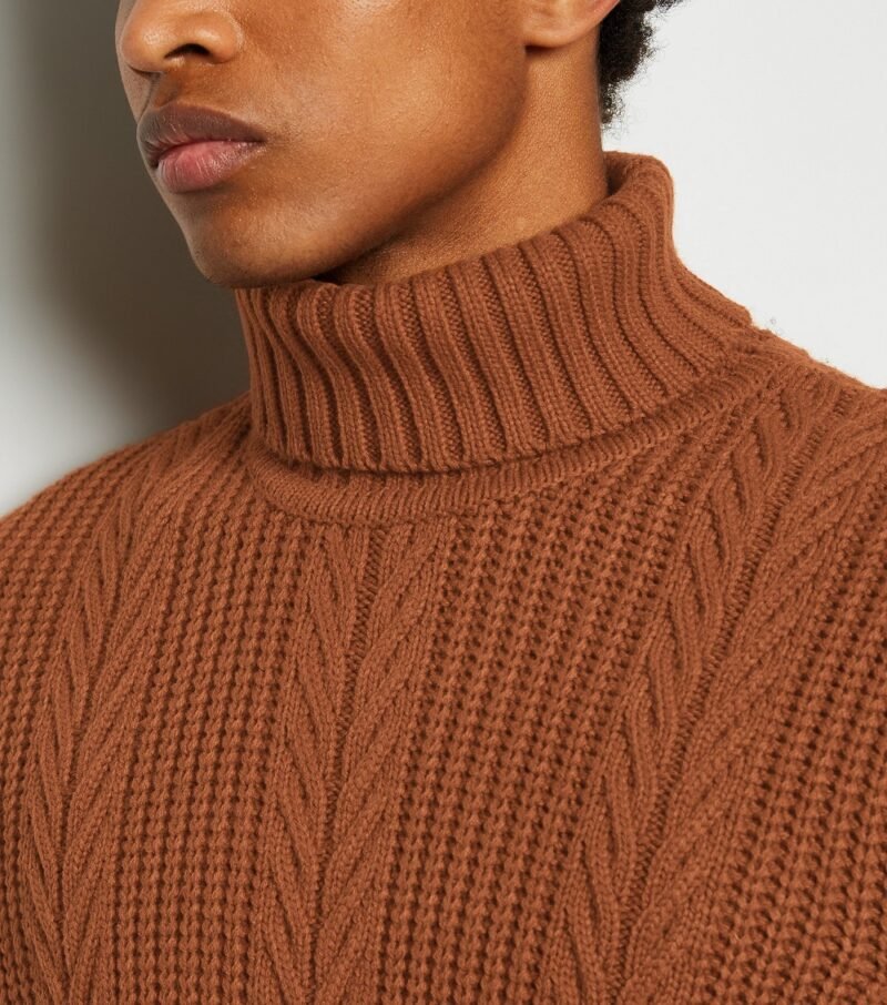 Men's Orange Cable Knit Roll Neck Jumper - Image 4