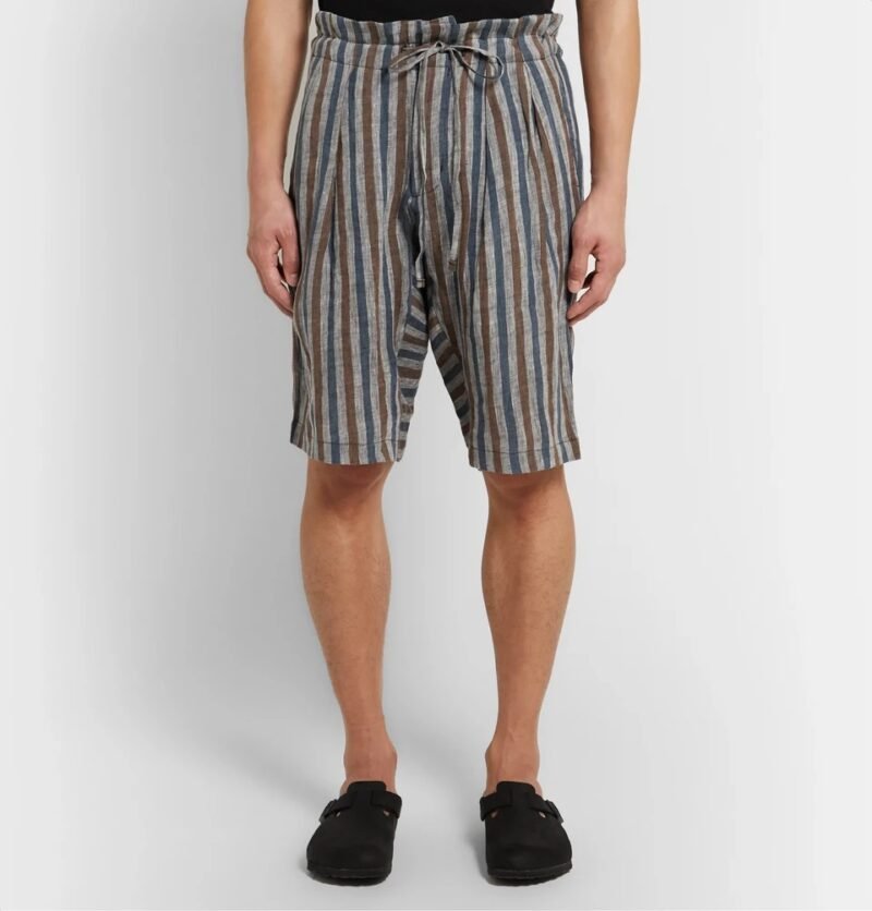 Men's Pleated Striped Linen Drawstring Shorts - Image 3