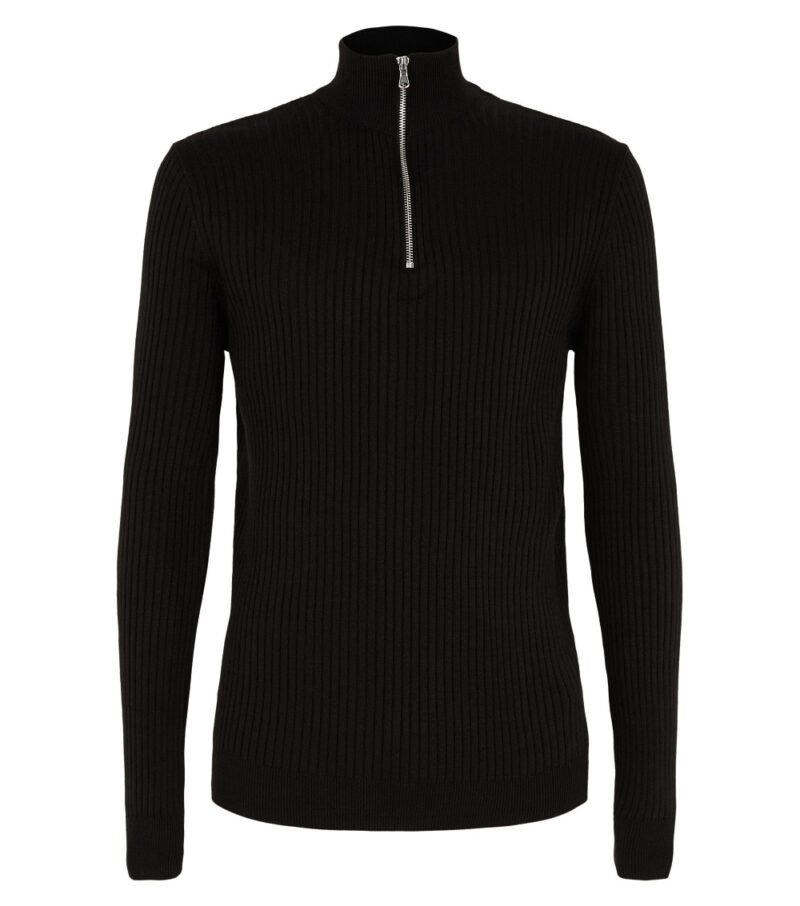 Men's Black Ribbed Muscle Fit Half Zip Jumper