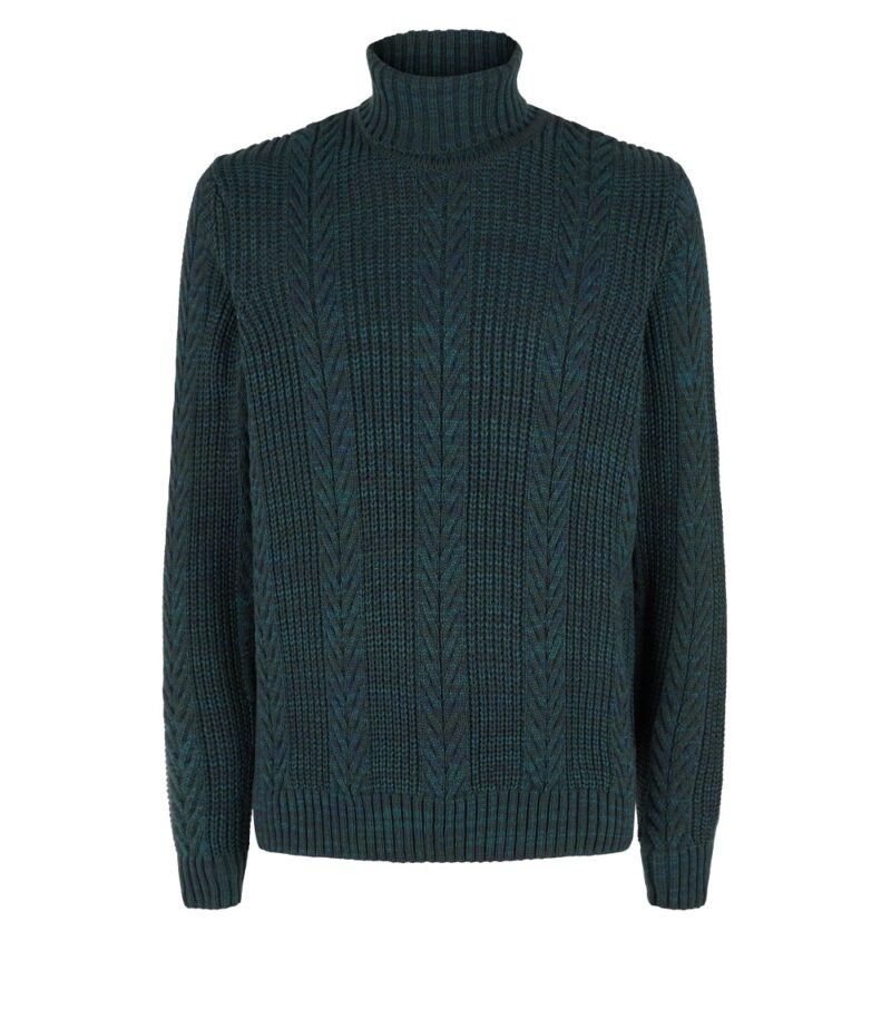 Men's Dark Green Cable Knit Roll Neck Jumper