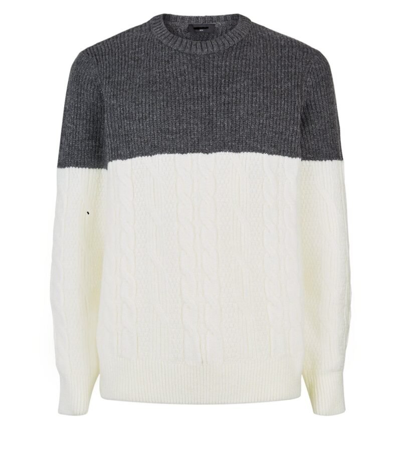 Men's Grey Color Block Cable Knit Jumper