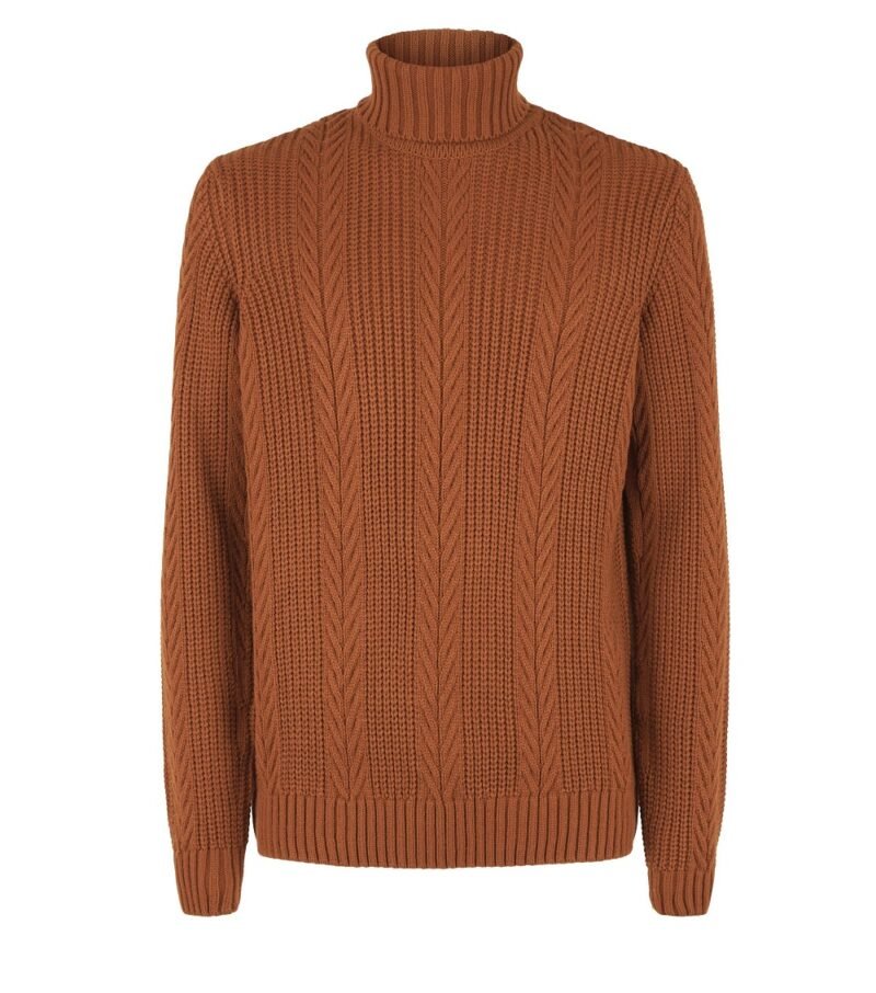 Men's Orange Cable Knit Roll Neck Jumper