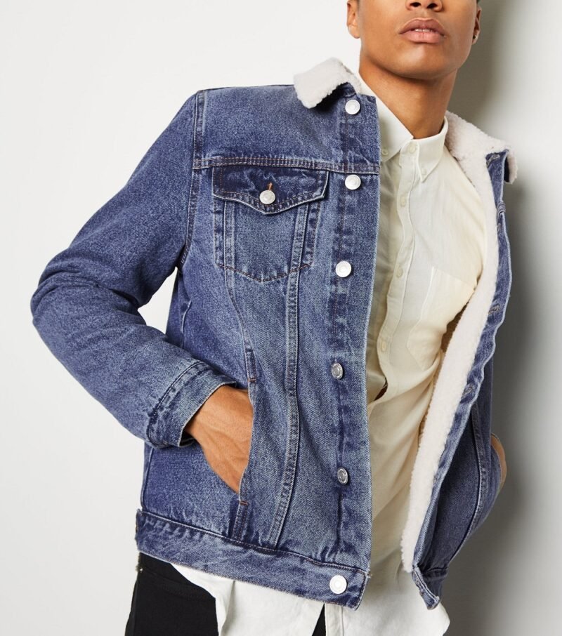 Men's Blue Mid Wash Borg Lined Denim Jacket - Image 3