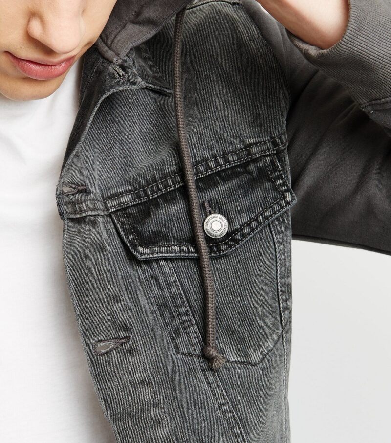 Men's Dark Grey Jersey Sleeve Denim Jacket - Image 3