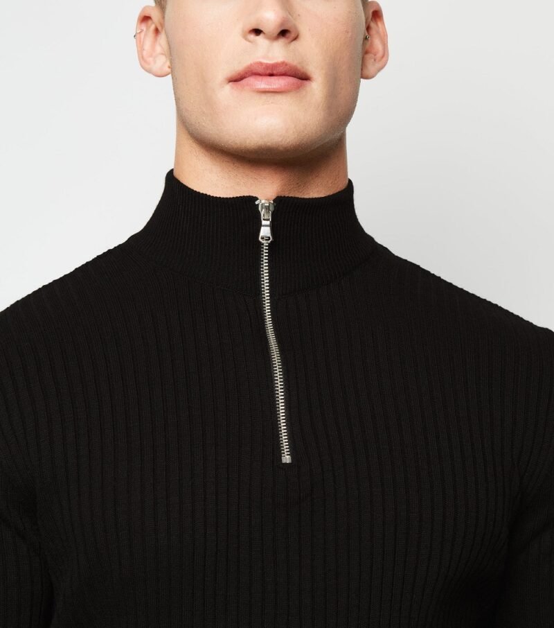 Men's Black Ribbed Muscle Fit Half Zip Jumper - Image 3