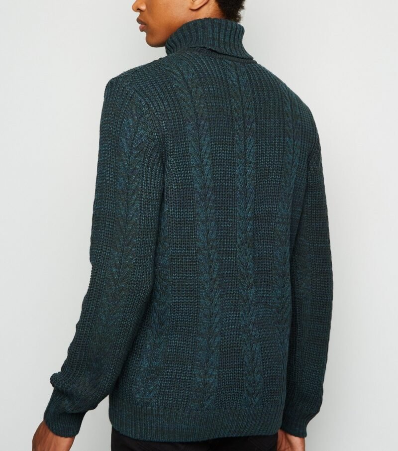 Men's Dark Green Cable Knit Roll Neck Jumper - Image 2