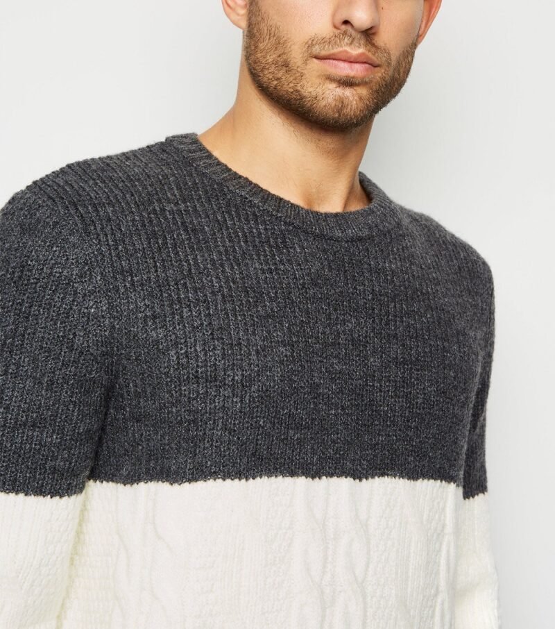 Men's Grey Color Block Cable Knit Jumper - Image 4