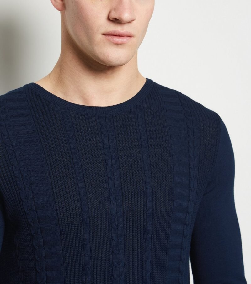 Men's Navy Cable Knit Muscle Fit Jumper - Image 4