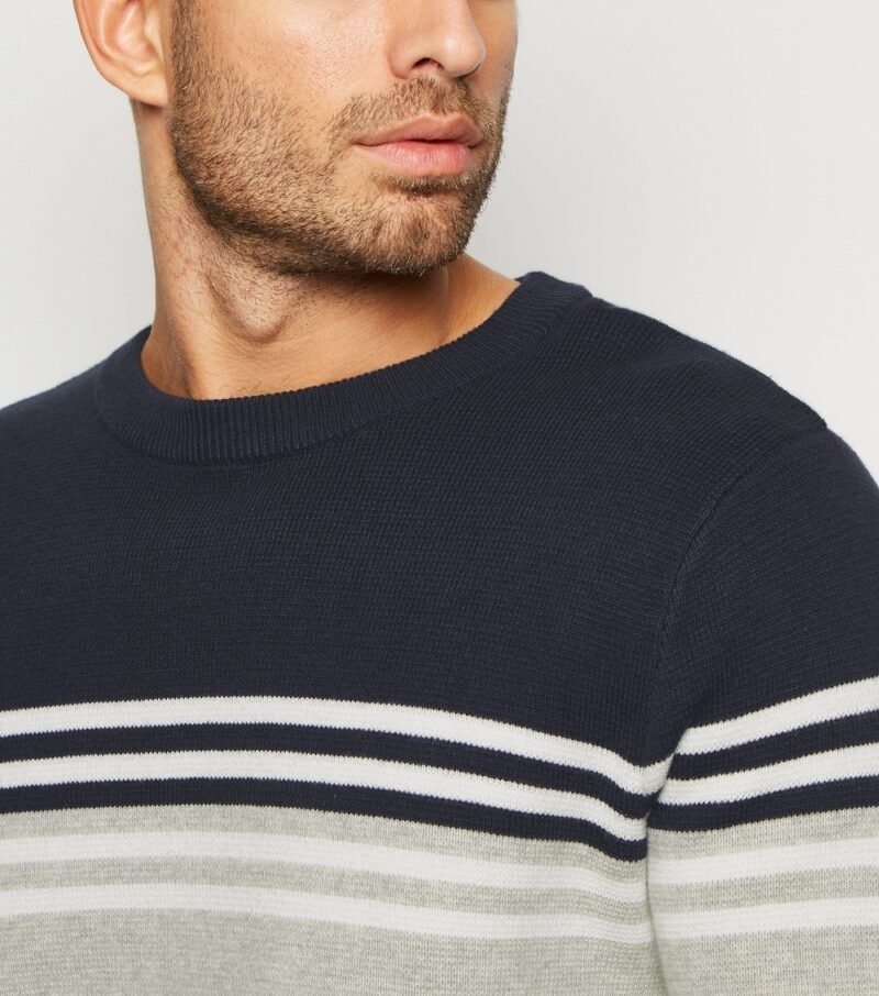 Men's Navy Stripe Color Block Crew Jumper - Image 4