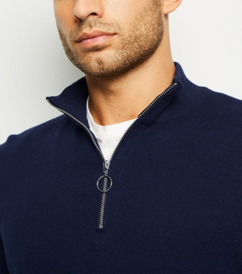 Men's Navy Zip Neck Jumper - Image 4