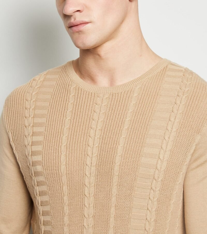 Men's Stone Cable Knit Muscle Fit Jumper - Image 4