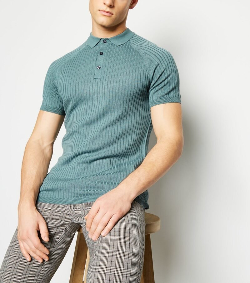 Men's Teal Knit Muscle Fit Polo Shirt - Image 4