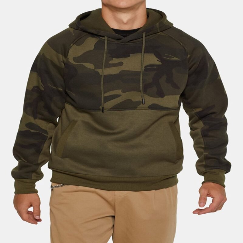 Men's Camo Patchwork Drawstring Muff Pockets Hoodie - Image 5