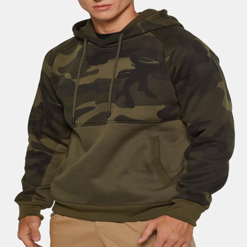 Men's Camo Patchwork Drawstring Muff Pockets Hoodie - Image 6