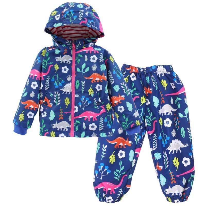 Kids Dinosaur Print Rain Coat+Pants Waterproof Hooded Jacket