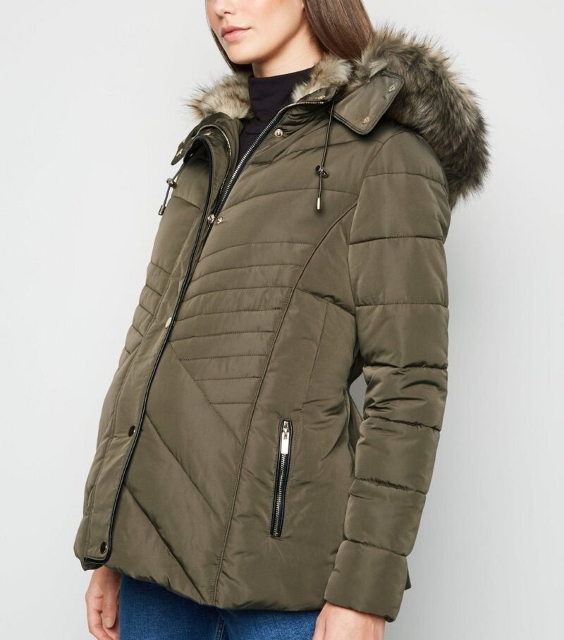 Women's Khaki Faux Fur Trim Fitted Puffer Jacket - Image 3