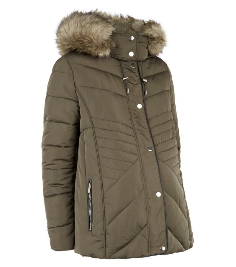 Women's Khaki Faux Fur Trim Fitted Puffer Jacket