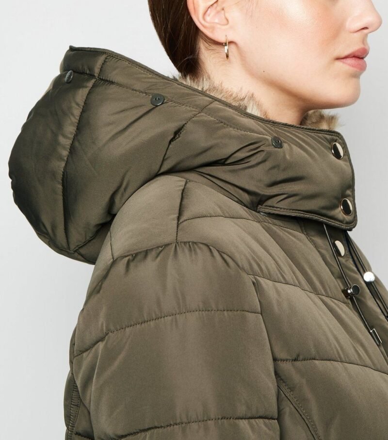 Women's Khaki Faux Fur Trim Fitted Puffer Jacket - Image 6