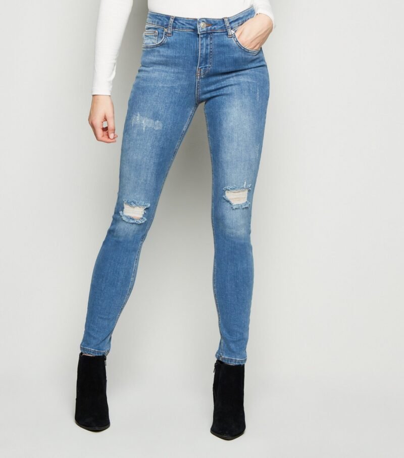 Women's Blue Skinny Mid Rise Ripped denim jeans