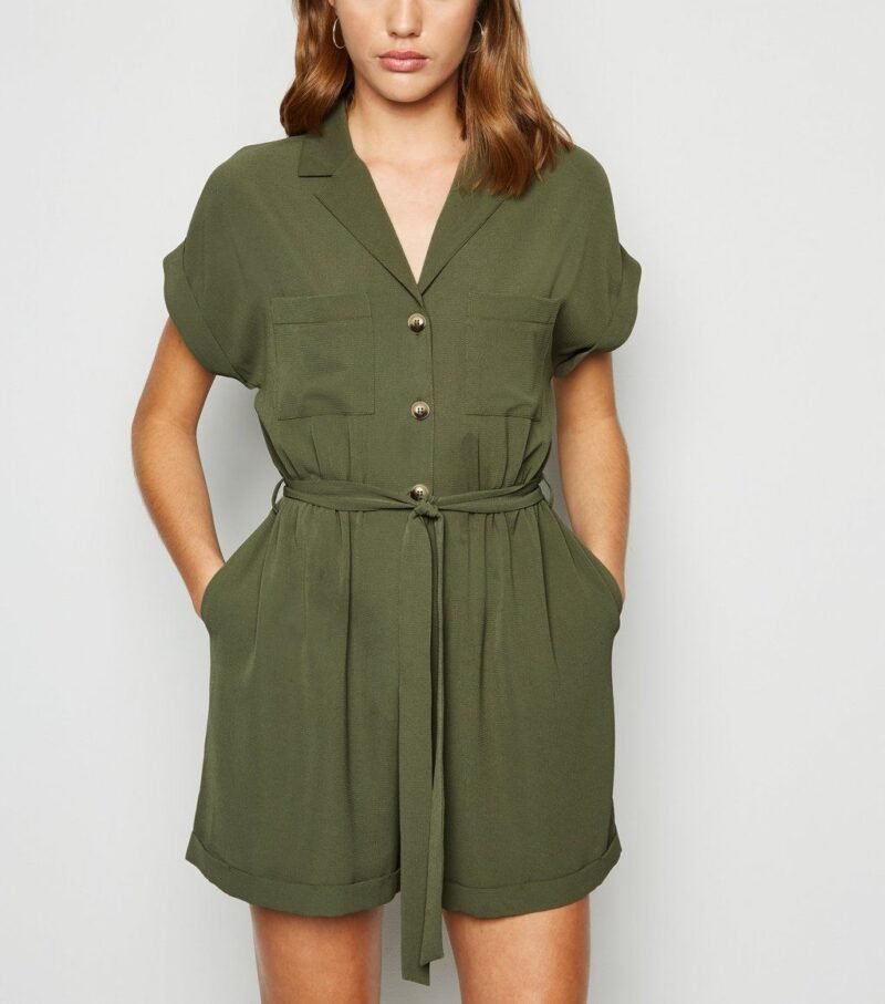 Women's Khaki Crepe Revere Collar Playsuit