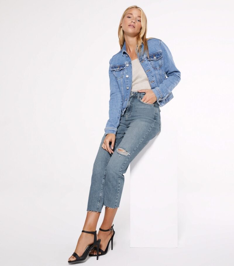 Women's Petite Blue Ripped Straight Leg Jeans