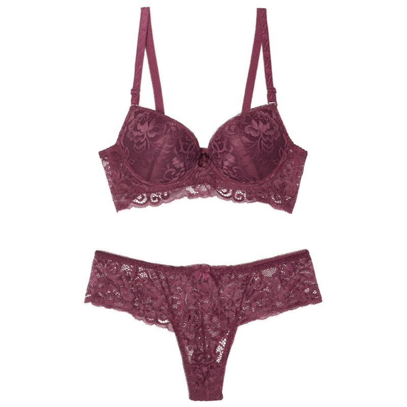 Lace Embroidered Lightly Lined Deep Plunge Bra Set